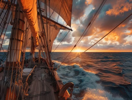 Sunset on open sea from deck of traditional sailboat with billowing sails and crashing waves. Maritime adventure, ocean journey, and dramatic sky. Ai generation. High quality photo