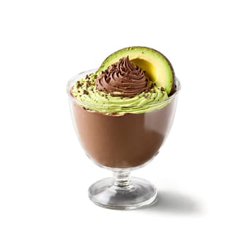 Avocado chocolate mousse rich and creamy swirling and dipping with a dusting of cocoa powder. Food isolated on transparent background.