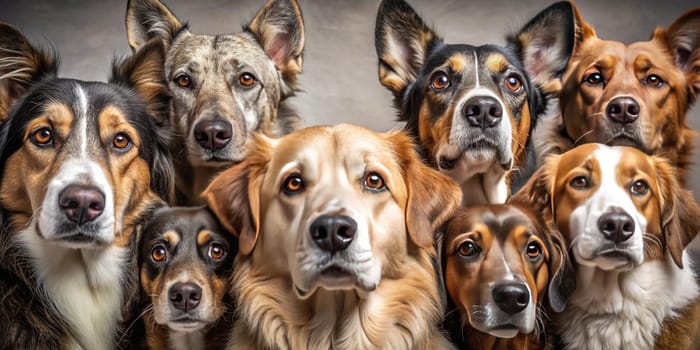 United Gaze.Dogs have their heads close together, all looking in the same direction. The texture and patterns of their fur, along with their attentive expressions, are clearly visible. This image captures a moment of unity and focus among the animals, possibly indicating a shared interest or reaction to something out of frame. It also highlights the natural beauty and grace of these creatures in a candid moment.