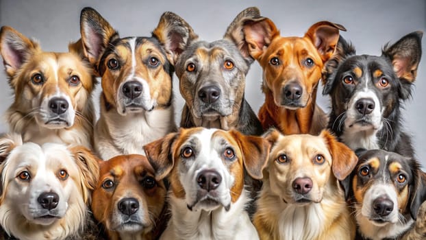 United Gaze.Dogs have their heads close together, all looking in the same direction. The texture and patterns of their fur, along with their attentive expressions, are clearly visible. This image captures a moment of unity and focus among the animals, possibly indicating a shared interest or reaction to something out of frame. It also highlights the natural beauty and grace of these creatures in a candid moment.