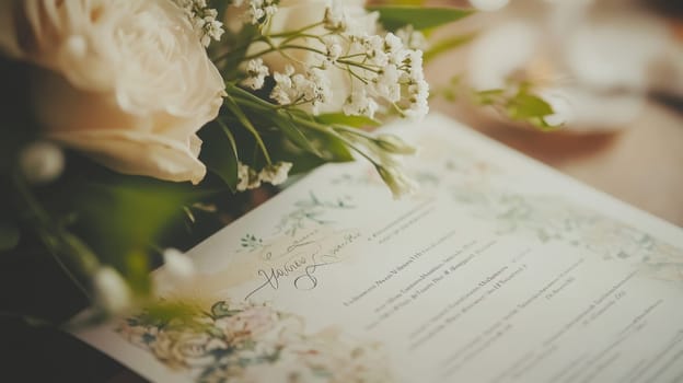 A beautifully arranged table featuring a floral centerpiece alongside a menu for a wedding reception.