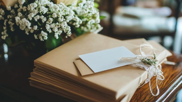 A collection of beautifully wrapped wedding invitations rests on a polished wooden table beside a floral arrangement.