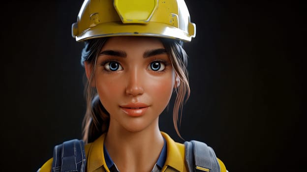 A confident female worker dons a yellow hard hat and reflective vest, ready for her shift