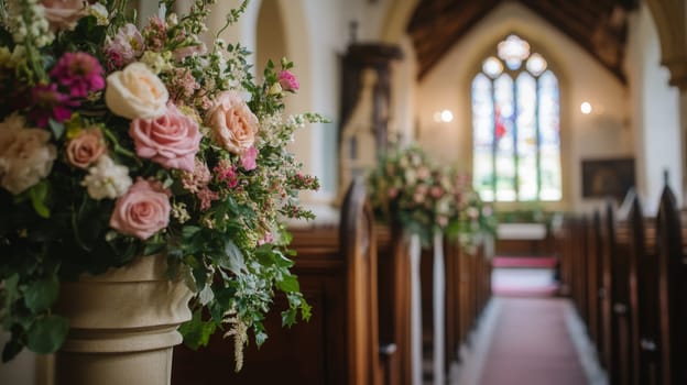 Beautifully arranged flowers adorn church aisles, creating a romantic atmosphere for a wedding ceremony, with soft light streaming through the stained glass windows.