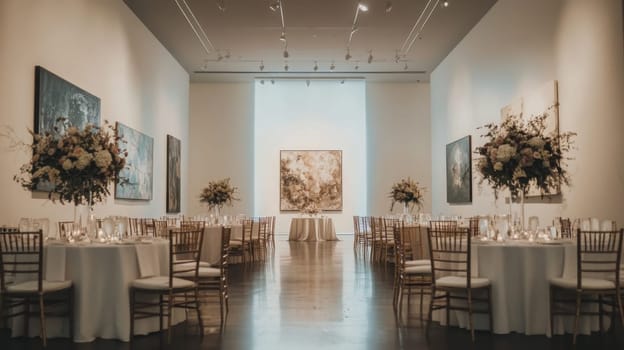 An elegantly set wedding venue features round tables with floral centerpieces and art pieces adorning the walls, creating a sophisticated ambiance.