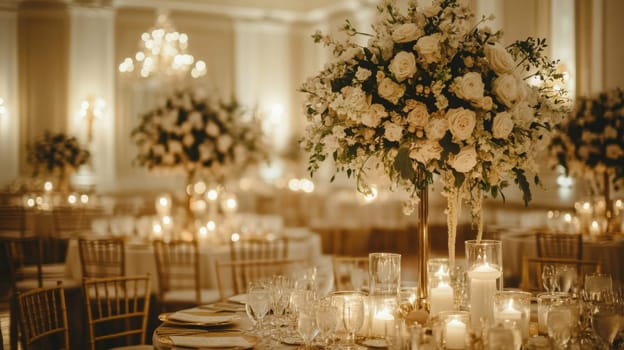 A beautifully arranged wedding reception featuring tall floral centerpieces, glowing candles, and an intimate atmosphere.