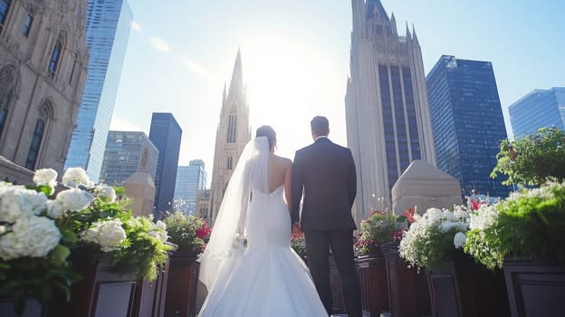 A couple stands hand in hand on a rooftop adorned with flowers, overlooking the city skyline as sunlight streams down.