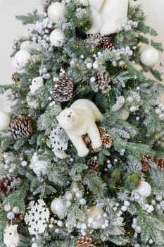 White snowy Christmas tree decor home New Year postcard