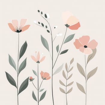 A collection of vibrant flowers and graceful leaves in soft pastel colors arranged artistically against a pale backdrop.