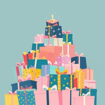 Brightly wrapped presents of various sizes and colors are arranged in a towering pile, perfect for a festive occasion.