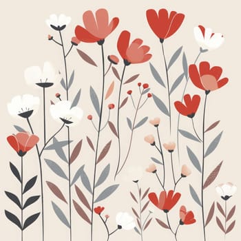 A vibrant illustration featuring a variety of red, white, and pink flowers with green leaves against a soft neutral backdrop.