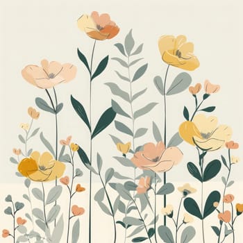 Colorful flowers in soft yellows and peaches rise against a light background, highlighting their delicate petals and leaves.