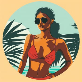 A confident woman poses in a red bikini, wearing sunglasses, with palm leaves and ocean waves in the background on a sunny day.