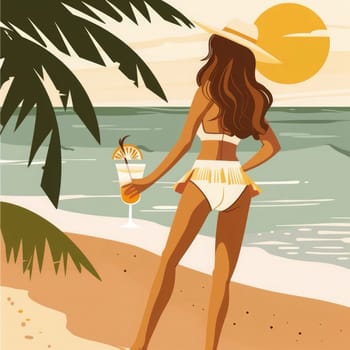 A woman stands with her back to the viewer, sipping a cocktail as the sun sets over the calm ocean.
