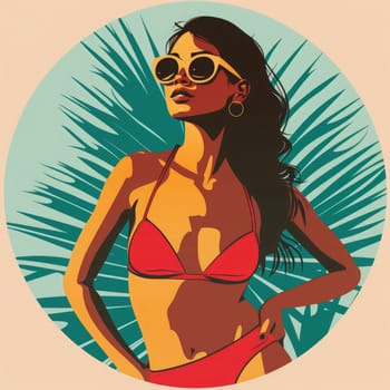 A confident woman stands with her hand on her hip, wearing sunglasses and a red bikini, surrounded by vibrant green palm leaves.