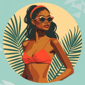 A woman stands elegantly in a bright orange bikini, wearing sunglasses and a headband, surrounded by tropical foliage.