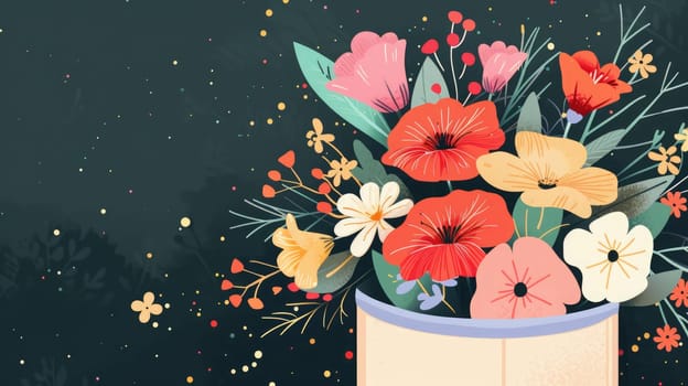 A mixture of red, yellow, and pink flowers burst from a white vase, creating a lively display against a dark backdrop.
