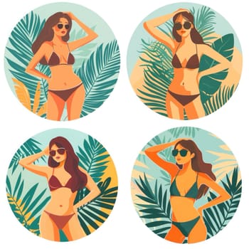 Women in colorful swimsuits pose confidently among lush greenery, showcasing summer fashion and vibrant tropical vibes.