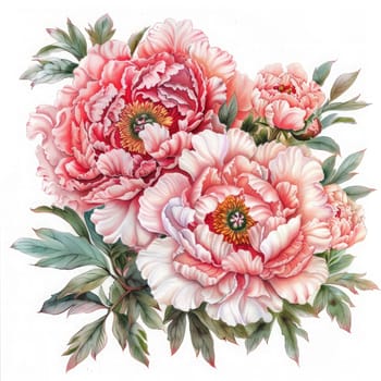 Vibrant pink peonies with layers of petals and green leaves create a beautiful floral arrangement.