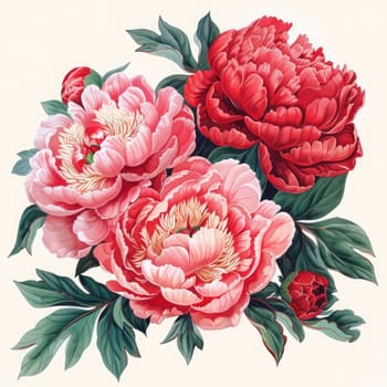 Three lush peonies in shades of pink and red showcase their intricate petals, surrounded by green leaves.