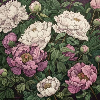 Colorful peonies in shades of white and purple flourish among lush green foliage.