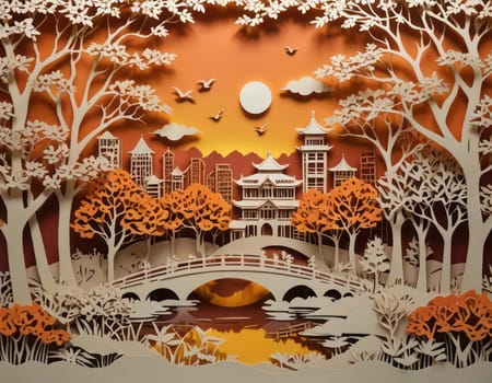 Autumn sunset background. Multidimensional kirigami paper art. Autumn background. Fall landscape in ocher colors to be used in autumn propmotions, cards and banners.AI generated.