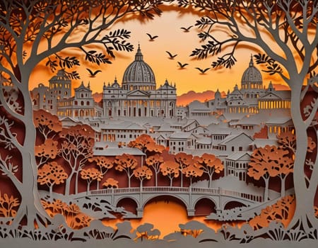 Autumn background. Fall landscape in ocher colors to be used in autumn propmotions, cards and banners.Paper Craft.3D.Autumn sunset background. Art on multidimensional kirigami paper.