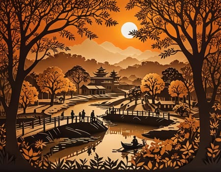 Autumn sunset background. Art on multidimensional kirigami paper. Autumn background. Fall landscape in ocher colors to be used in autumn propmotions, cards and banners.Paper Craft.3D