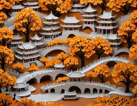 Beijing wallpaper. Background for cards and banners.AI generated.Autumn background Paper Cutting Illustration Paper Craft.3D, stunning tonal landscape .