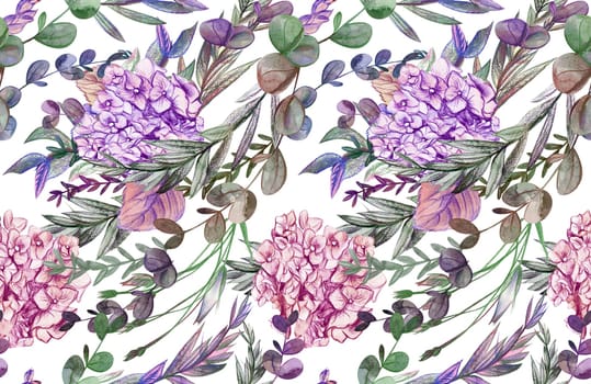 Summer pattern with hydrangea flowers drawn in pencil and watercolor for textiles and design