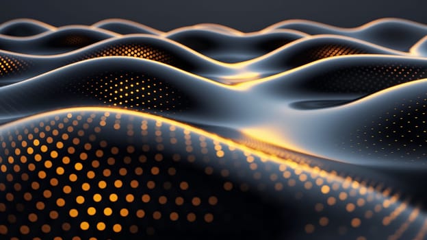 Abstract digital artwork showcasing glowing wave-like patterns embedded with illuminated dots, against a dark background. The design creates a futuristic, mesmerizing visual experience - Generative AI