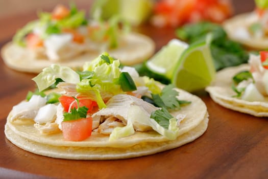 A close up photo of finished street tacos in a studio setting.