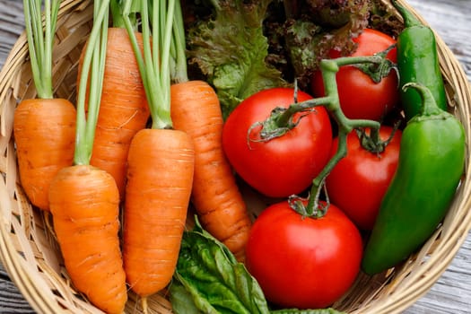 An overview of a basket of carrots, tomatoes, peppers, and basil.