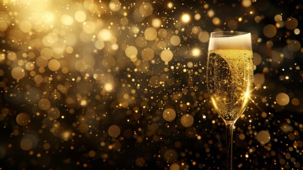 Elegant champagne glass in abstract bokeh background on the eve of new year celebration
