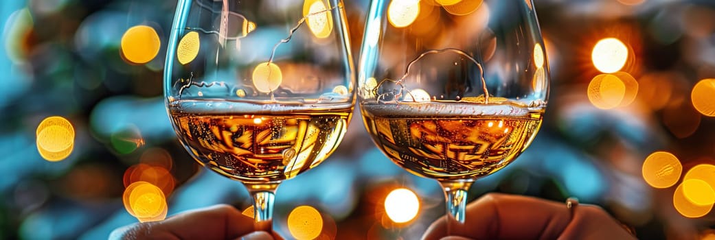 Two champagne glasses on abstract bokeh background for new year celebration