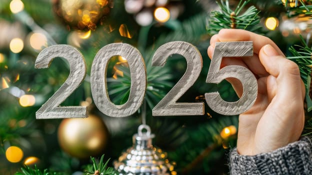 Close up of a human hand holding 2025 numbers, symbolizing new year concepts, with selective focus