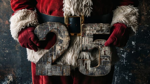 Santa claus holding 25 numbers for a positive outlook on the upcoming year and new beginnings