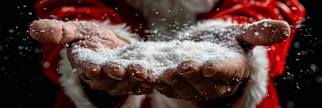 Santa claus holding snow, new year and future concepts in a close up view