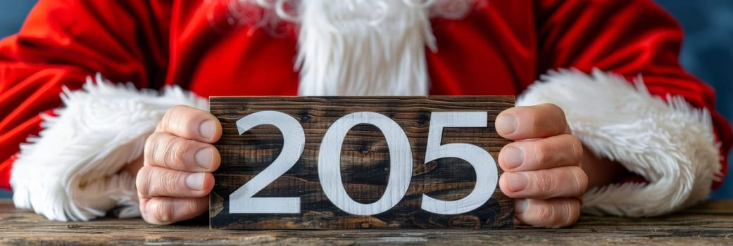 Santa claus holding 205 number, new year and future concepts, close up view