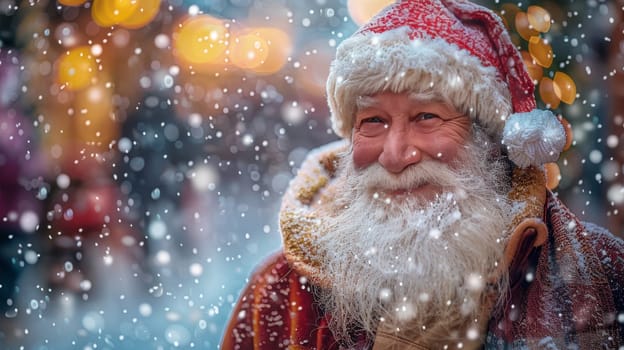 Close up view of Santa claus and falling snow. Christmas holidays, New Year celebration