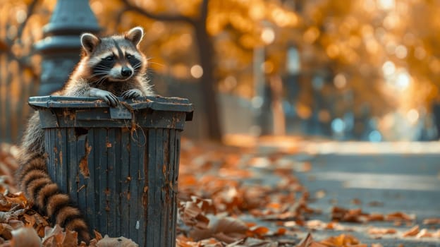 Curious raccoon in trash can, gazing at camera with copy space on blurred background