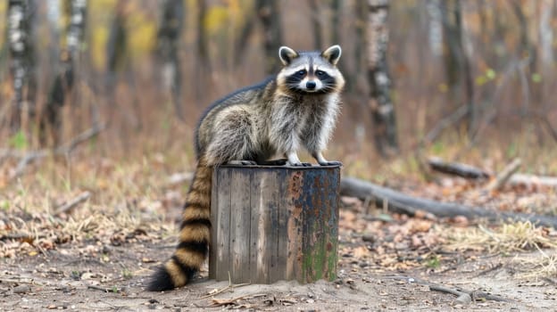 Curious raccoon near trash can, gazing at camera with blurred background space for text