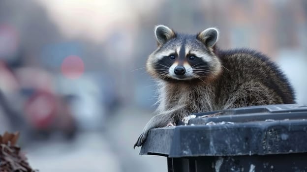 Curious raccoon on trash can, gazing at camera with blurred background, copy space available