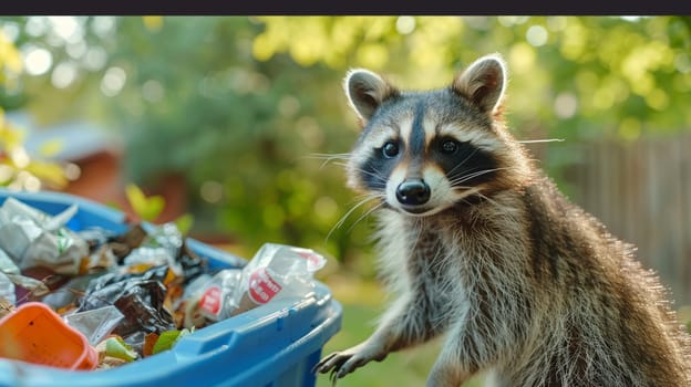 Curious raccoon inspecting garbage, engaging with camera, blurred background, with text space