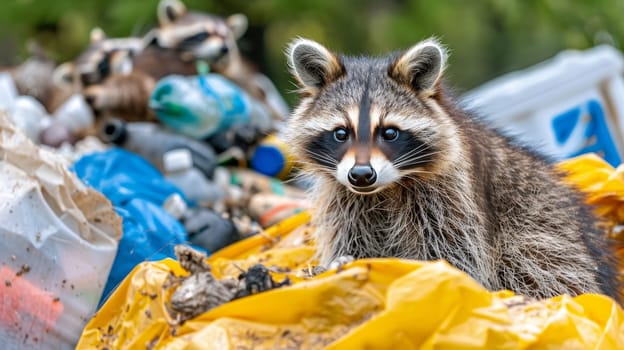 Inquisitive raccoon examining garbage with space for text, gazing at camera on blurred background