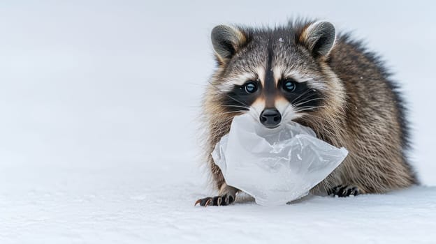 Inquisitive raccoon eating garbage, gazing at camera on white background with copy space