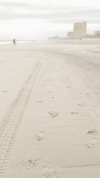 A detailed view of a wide tire track in light brown sand, likely from a heavy vehicle. The dark brown track, approximately 12 inches wide, shows human impact on natural landscapes.