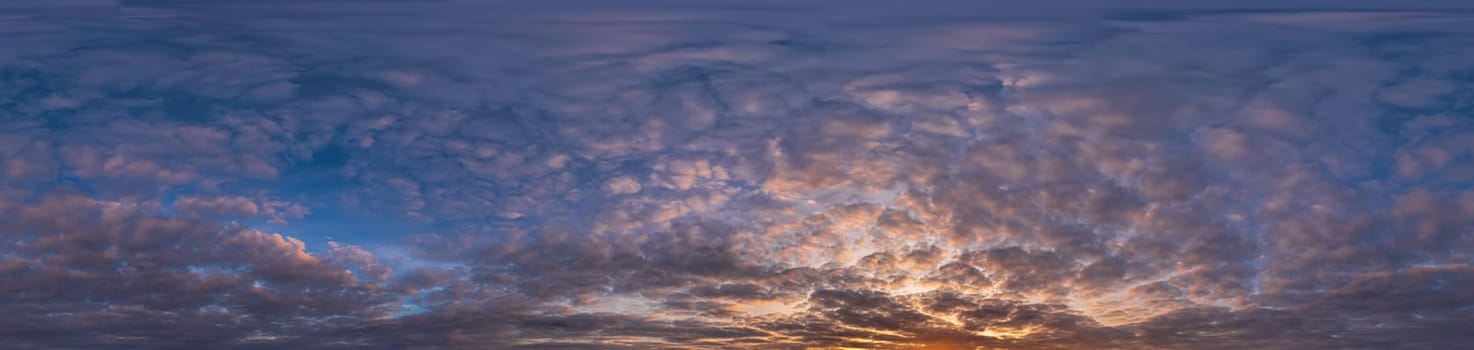 panorama of dark blue sunset sky with Stratocumulus clouds without ground, for easy use in game development, 3D graphics and composites in aerial drone 360 degree spherical panoramas as a sky dome.