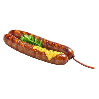 Grilled kangaroo sausages char marks caramelized onions whole grain mustard parsley garnish Culinary and Food. Food isolated on transparent background