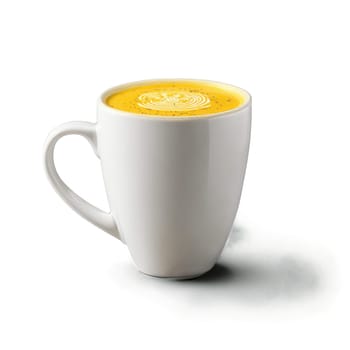 Turmeric latte mug bright yellow and filled with vibrant golden milk one empty and one. Food isolated on transparent background.
